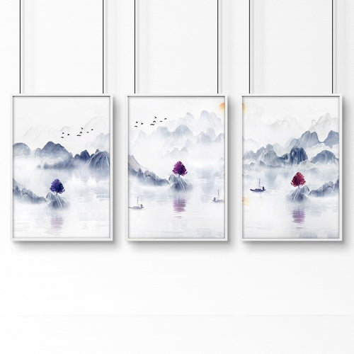 Big wall paintings for living room | set of 3 Japanese wall art