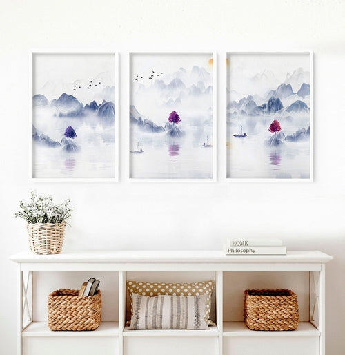 Big wall paintings for living room | set of 3 Japanese wall art